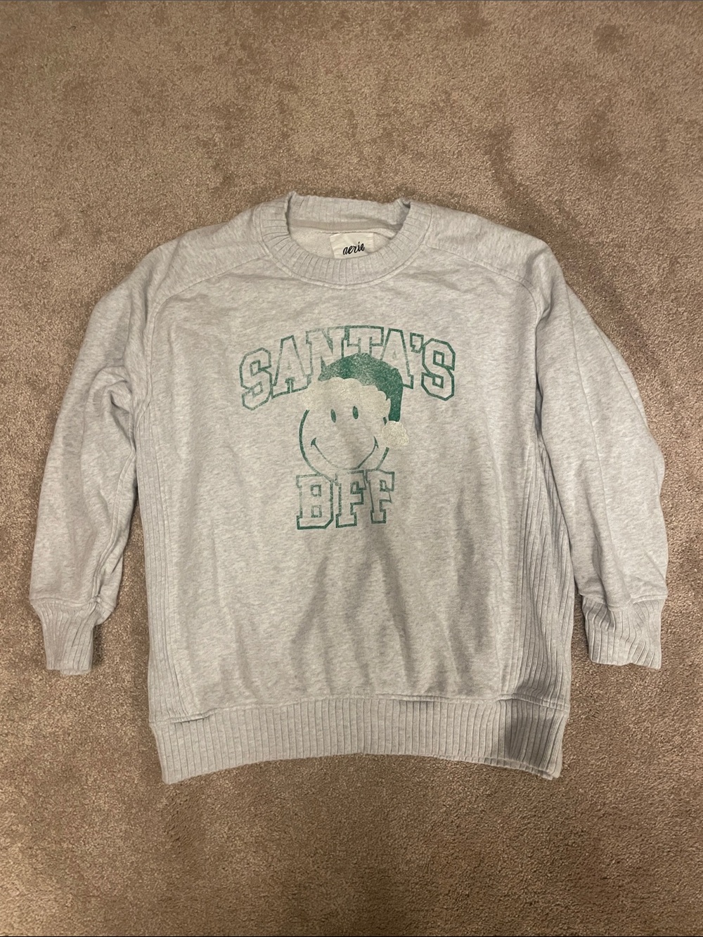 BOGO aerie Light Gray Crewneck Sweatshirt with Green Holiday Graphic